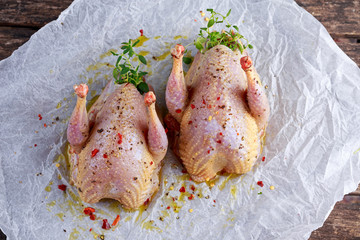 Ready to cook raw seasoned partridges on crumpled paper.