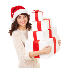 Happy Santa Woman With Gift Boxes Isolated On White. Smiling Mod