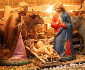 traditional nativity scene with St. Joseph and the Virgin Mary a