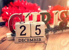 Calendar Set On The 25 Of December On Wooden Background