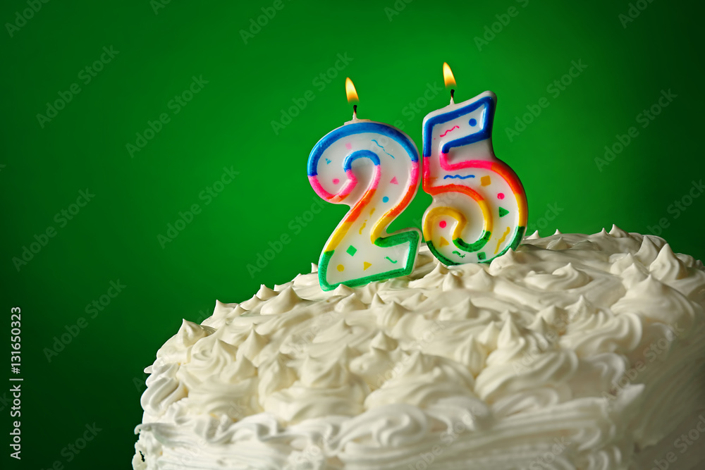 Birthday cake with candles on color background
