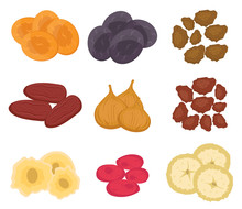 Dried Fruits Set, Flat Style. Raisins, Dried Apricots, Prunes Isolated On A White Background. Vector Illustration, Clip Art
