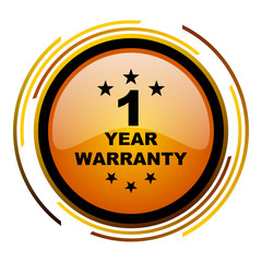 Aufkleber - 1 year warranty sign vector icon. Modern design round orange button isolated on white square background for web and application designers in eps10.