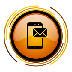 Poster - Smartphone sign vector icon. Modern design round orange button isolated on white square background for web and application designers in eps10.