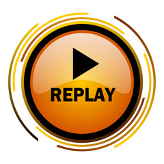 Poster - Replay sign vector icon. Modern design round orange button isolated on white square background for web and application designers in eps10.