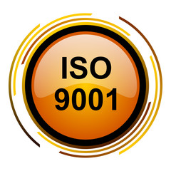 Aufkleber - ISO 9001 sign vector icon. Modern design round orange button isolated on white square background for web and application designers in eps10.