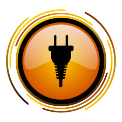 Aufkleber - Electric plug sign vector icon. Modern design round orange button isolated on white square background for web and application designers in eps10.