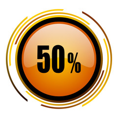 Fototapete - 50 percent sale sign vector icon. Modern design round orange button isolated on white square background for web and application designers in eps10.