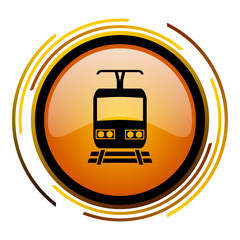Poster - Train vector icon. Modern design round orange button isolated on white background for web and applications in eps10.