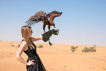 greater spotted eagle (clanga clanga) with a beautiful young female model during a desert falconry s
