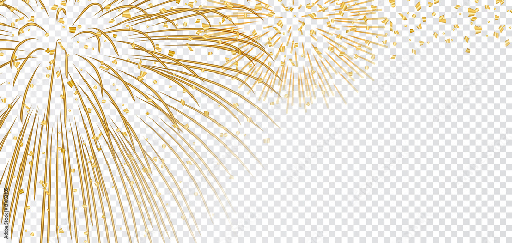 Gold bright firework on white transparent Christmas background. Golden decoration glitter abstract design Happy New Year card, greeting, Xmas holiday celebrate, invitation. Vector illustration - obrazy, fototapety, plakaty 