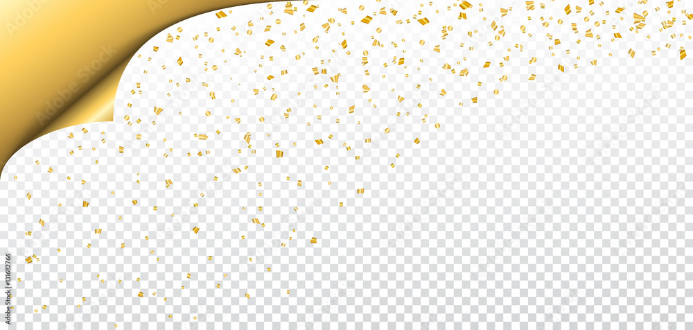 Gold confetti on white Christmas transparent background. Paper corner sheet. Golden decoration glitter abstract design Happy New Year card, greeting, Xmas holiday celebrate. Vector illustration - obrazy, fototapety, plakaty 