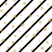 Christmas Gold Snowflake Seamless Pattern. Golden Glitter Snowflakes On Black White Diagonal Lines Background. Winter Snow Design Wallpaper Symbol Holiday, New Year Celebration Vector Illustration
