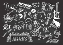 Set Of Music Instrument In Doodle Style On Chalkboard Background