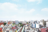 Fototapeta Londyn - Business and culture concept - panoramic modern city skyline bird eye aerial view with Sensoji-ji Temple shrine - Asakusa district under morning blue sky in Tokyo, Japan