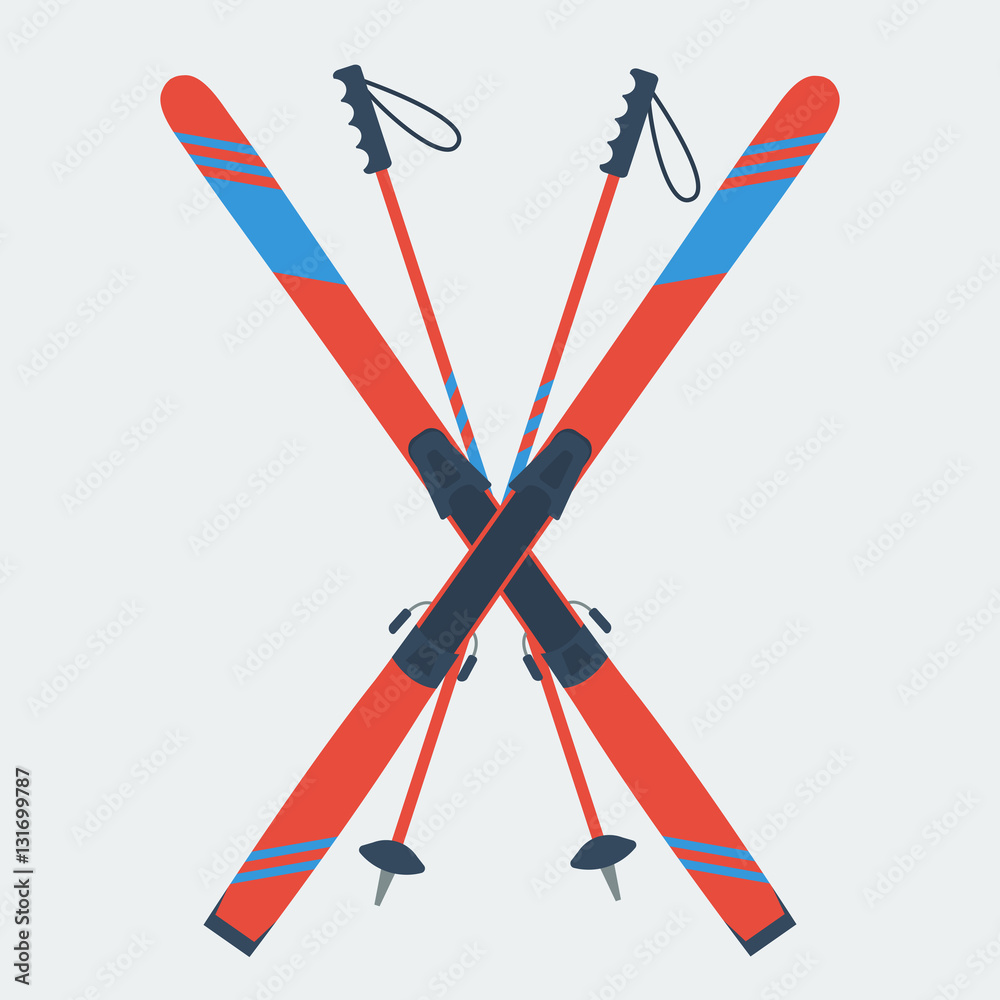 Pair of red skis and ski poles - obrazy, fototapety, plakaty 