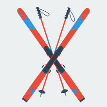 Pair Of Red Skis And Ski Poles