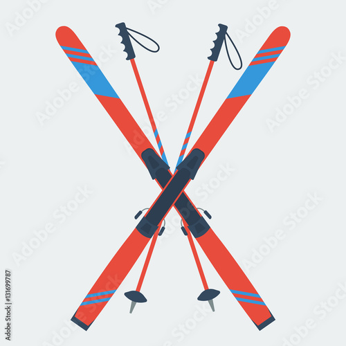 Fotografía Pair of red skis and ski poles