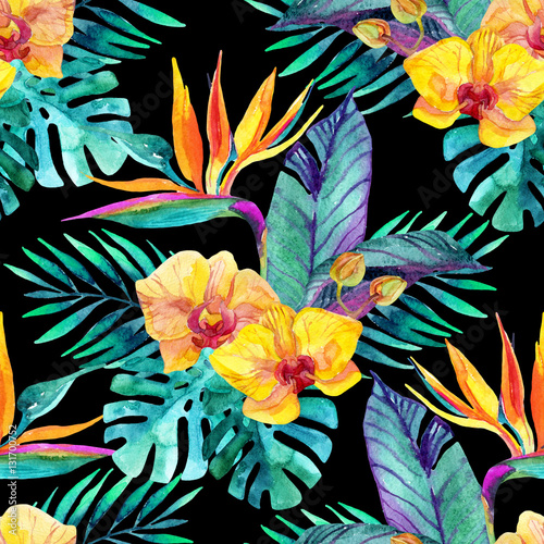 Stoffe zum Nähen Tropical leaves and flowers. Floral design background.