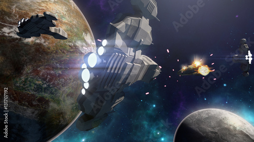 Plakat 3D rendering bitwa statek kosmiczny w futurystycznej scenie