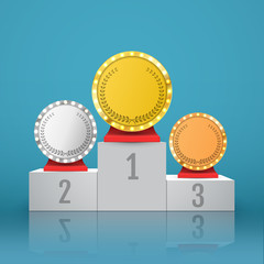Poster - Gold, Silver and Bronze Trophy Cup on prize podium.