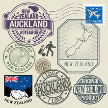 Grunge Rubber Stamp Set With Text And Map Of New Zealand