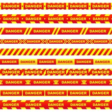 Set Of Red Ribbons With Yellow Lettering Danger Skull And Stripes Indicating Dangerous Place On A White Background. Safety Police Warning Tapes 