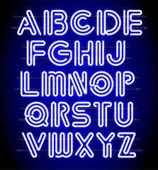 Wall Mural - glowing blue neon alphabet with letters from a to z. shining and glowing neon effect. every letter i