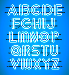 Wall Mural - glowing blue neon alphabet with letters from a to z. shining and glowing neon effect. every letter i