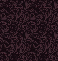  Seamless pattern. Vintage style background with floral ornaments. Abstract composition with vinous elements on black backdrop. Illustration with an elegant design.