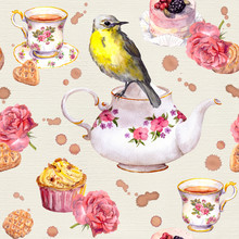 Teatime: Tea Pot, Cup, Cakes, Rose Flowers, Bird. Seamless Pattern. Watercolor