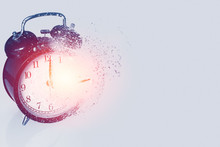 Braking Times Time's Up Or Time Out Concept, Explosive Broken Clock Or Time Bomb Explode Burst Fire Burn Out Old Clock With Dispersion Effect With Space For Text.
