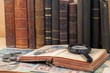 The old coins, banknotes, magnifying glass and open antiquarian book.