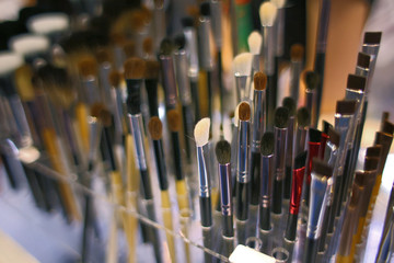 Wall Mural - Professional makeup brushes in cosmetic store, closeup