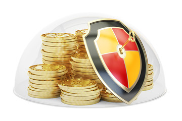 Poster - golden coins covered by glass dome. security and protection conc
