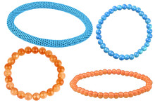 Three Orange And Blue Elastic Bracelets Made Of Pearl-like Round Beads And One Blue Metallic Elastic Bracelet, Isolated On White Background, Clipping Paths Included
