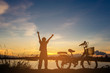© songphon - Biker-girl at the sunset  at lake. filled color filter.