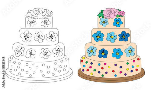 Coloring Book Page Cake With Flowers Sketch And Color Version Stock Vector Adobe Stock