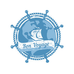 Travel nautical icon have nice trip - French letters Bon Voyage. Vintage retro poster concept. Globe steering helm stamp. Design idea cruise ship tour emblem. Vector advertisement label background