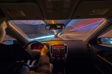 Canvas Print - Night road view from inside car