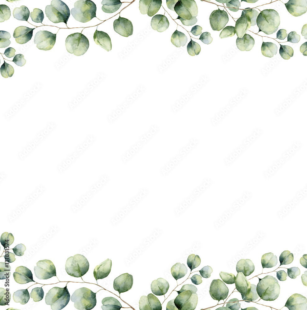 Illustrazione stock di Watercolor green floral frame card with silver ...