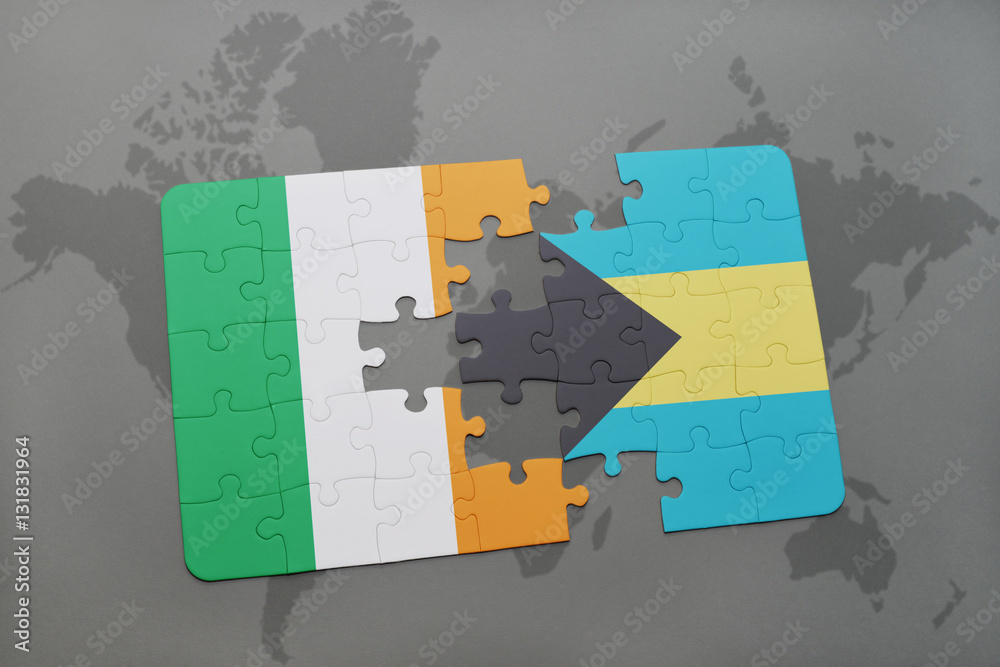 puzzle with the national flag of ireland and bahamas on a world map ...