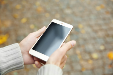 Poster - Man holding smart phone on blurred paving stone background