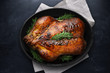 Roasted Thanksgiving Day Turkey in black pot on table