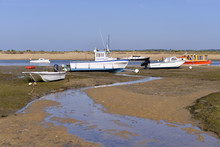 Boats At Low Tide At Cap-Ferret, Ostreicole Commune Located On Shore Of Arcachon Bay, In The Gironde Department In Southwestern France.