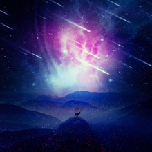 Majestic Deer With Long Horns As Tree Branches Stand On The Peak Of A Rocky Valley Below A Wonderful Night Sky With Falling Stars And Sparkles. Mystic Scene Screensaver In The Center Of Nature. 