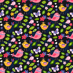 Wall Mural - Cute birds seamless pattern with little flowers and butterfly, ladybug on a black  background.