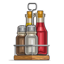 Vector Set Glass Shakers For Salt And Pepper, Metal Holder Bottles With Cork Olive Oil, Red Wine Vinegar, Classic Rack For Containers Of Condiments, Wooden Tray Of Shaker Saltcellar 3/4 View On White.