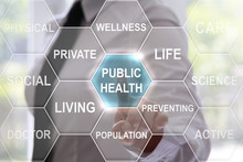 Woman Presses Public Health Icon On Virtual Hexagons Screen. Businessman Touched Public Health Button On Touch Screen. Medicine, Health, Treatment, Technology, Therapy, Hexagon, Concept, Healthcare.