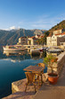 Embankment of Perast town on a sunny winter day. Bay of Kotor, Montenegro